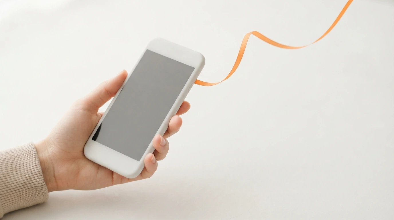 A hand holding a phone with an orange ribbon curving away from it